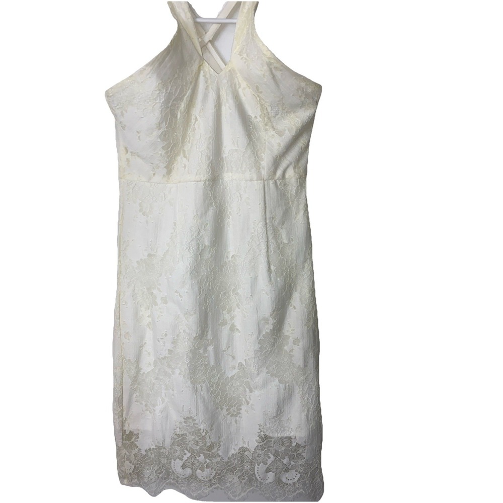 New Minuet Lace Applique Mini Halter Dress white Floral Bodycon Size Medium